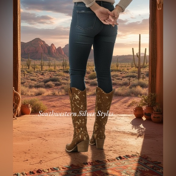NEW Diba True Cowhide Leather Gold Foil Metallic Print Size 6 Southwestern Boots - Picture 3 of 11